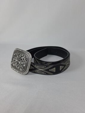 L&B Lucky & Blessed Western Belt Black Rhinestone Buckle Stitching Size S Womens